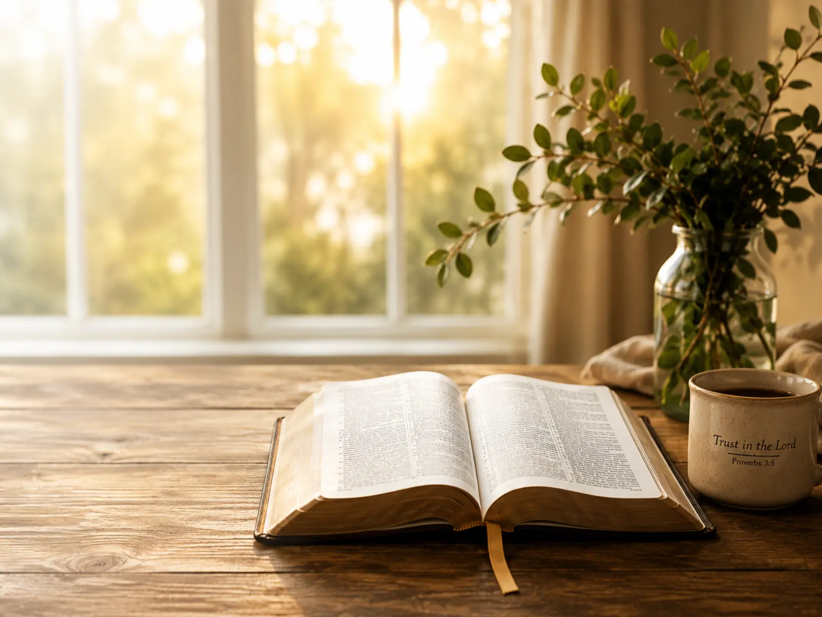 Open Bible on a wooden table during personal Bible study and devotion time