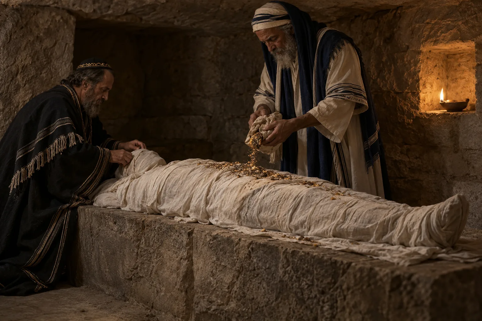 Two first-century Jewish men in a rock-cut tomb chamber, by lamplight, wrapping a body in linen cloth and pouring myrrh and aloes spice over the wrappings