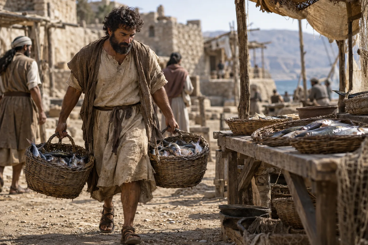 A fisherman carrying two woven baskets heavy with fish through a dusty first-century village market toward the stalls