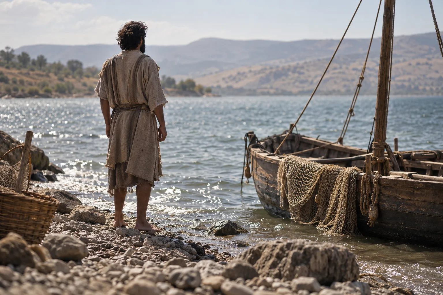 A fisherman standing barefoot on the rocky shore of the Sea of Galilee, back turned, looking out over the water beside his moored boat and nets
