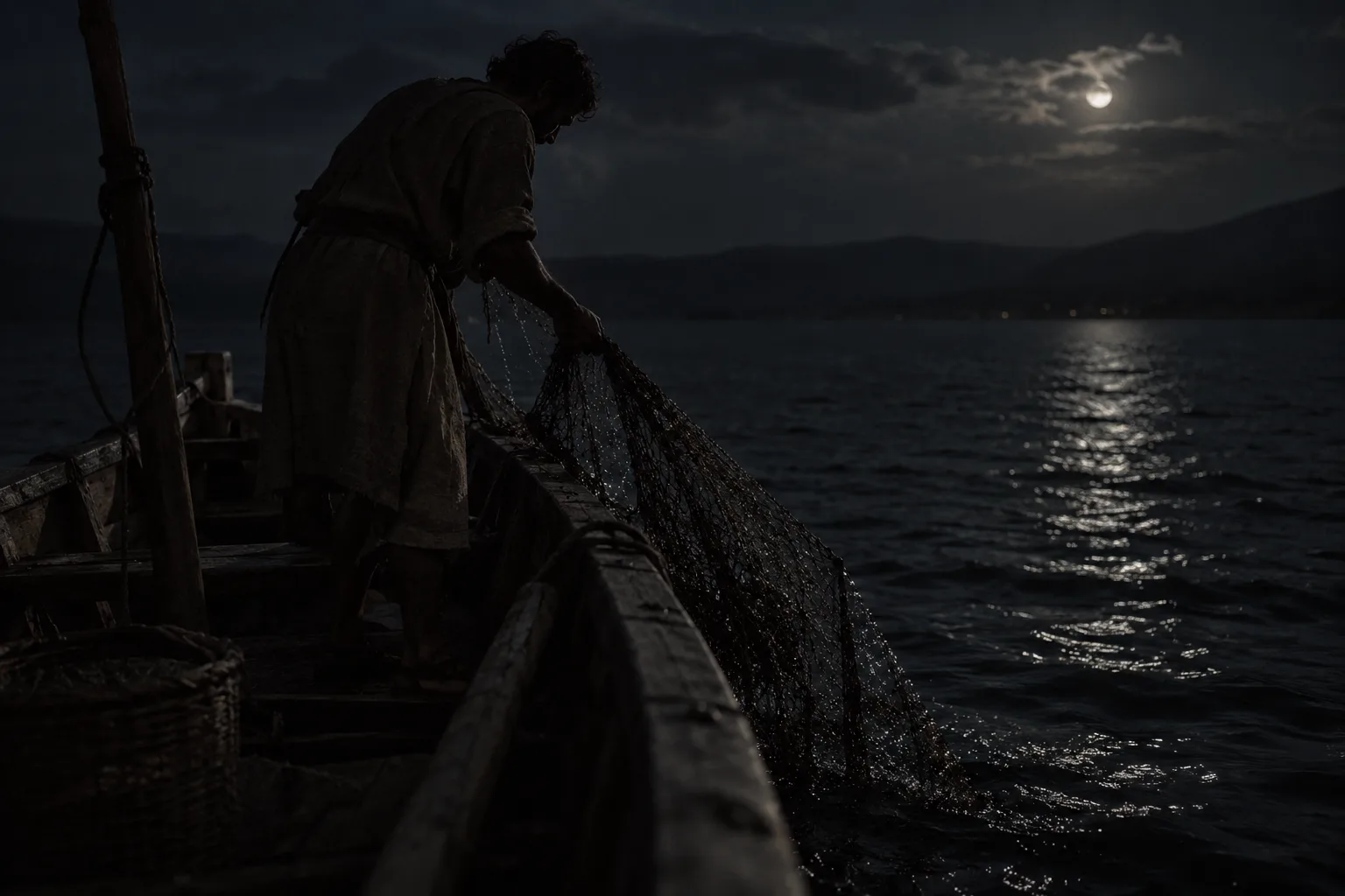 A fisherman's silhouette hauling a dripping, empty net over the side of a wooden boat on the Sea of Galilee under a full moon, hours before dawn