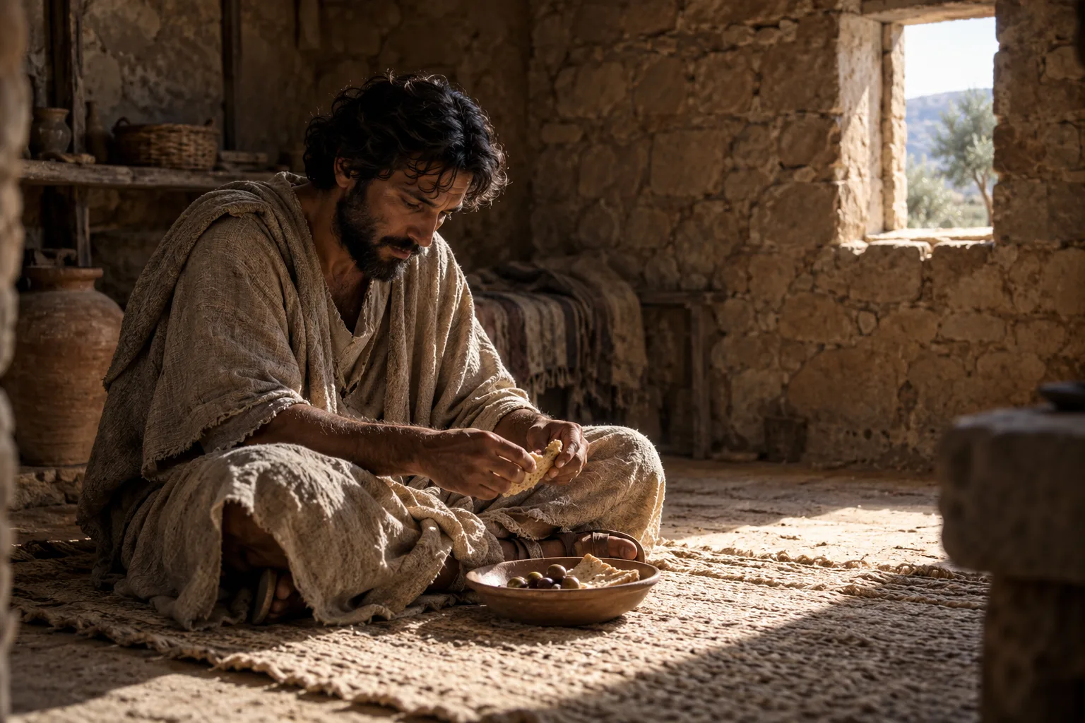 A fisherman sitting cross-legged on a woven mat inside a simple stone home, eating bread and olives from a shallow bowl in bright midday light