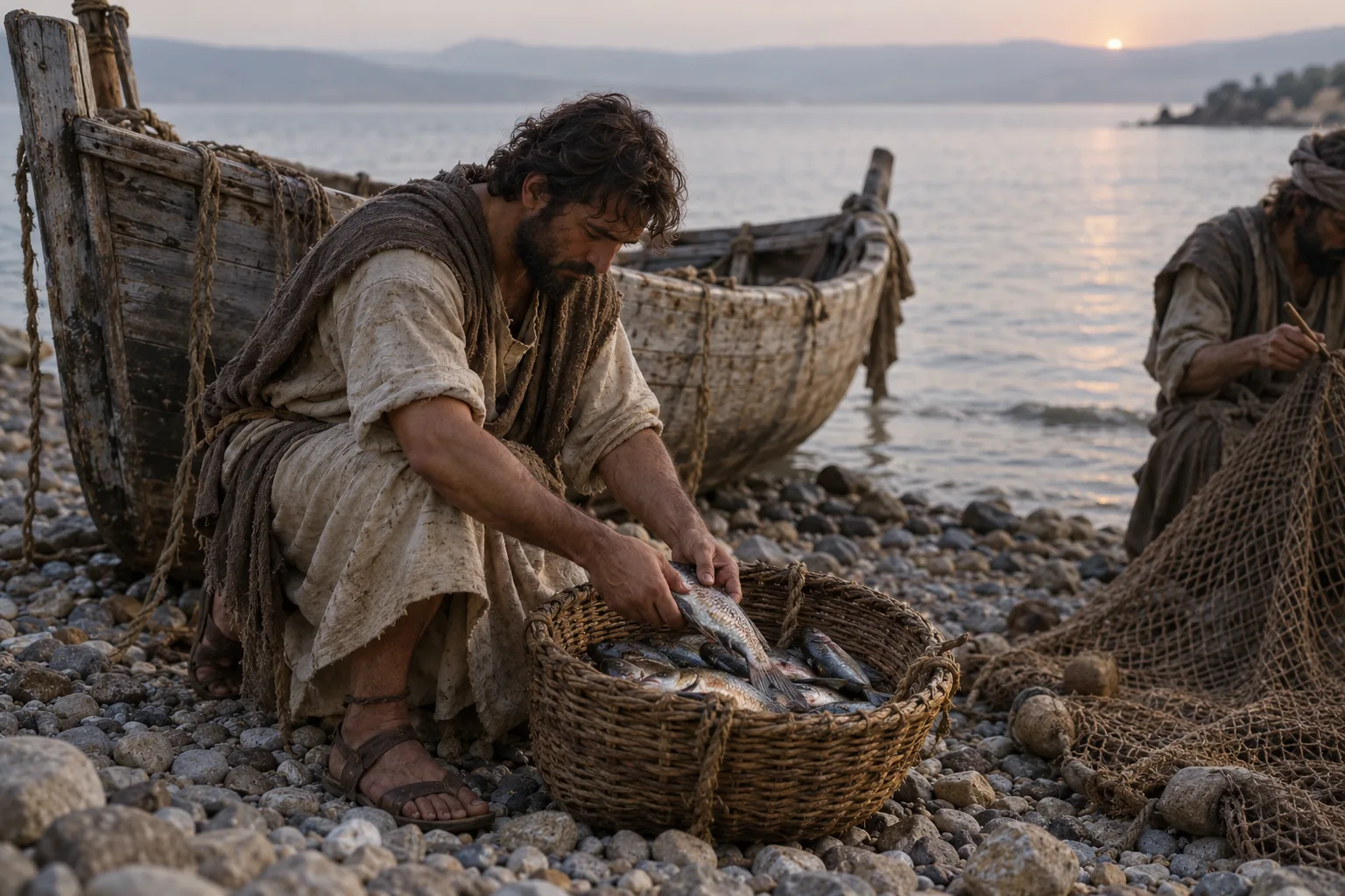 A fisherman kneeling on a pebbled Galilee shoreline at sunrise, sorting fish into a woven basket beside beached wooden boats while another man mends a net nearby