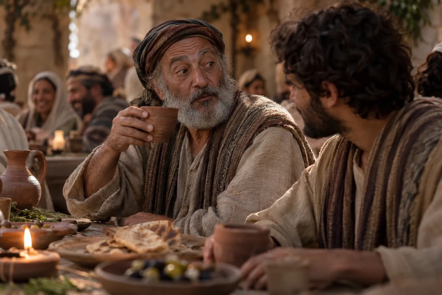 An older man at a wedding feast table tasting a cup of wine with a surprised expression, turning to speak to a younger man beside him