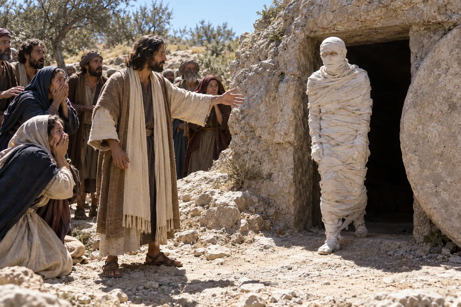 Lazarus standing at the entrance of his tomb, still wrapped head to toe in linen graveclothes, as Jesus gestures toward him and a crowd of onlookers reacts in astonishment