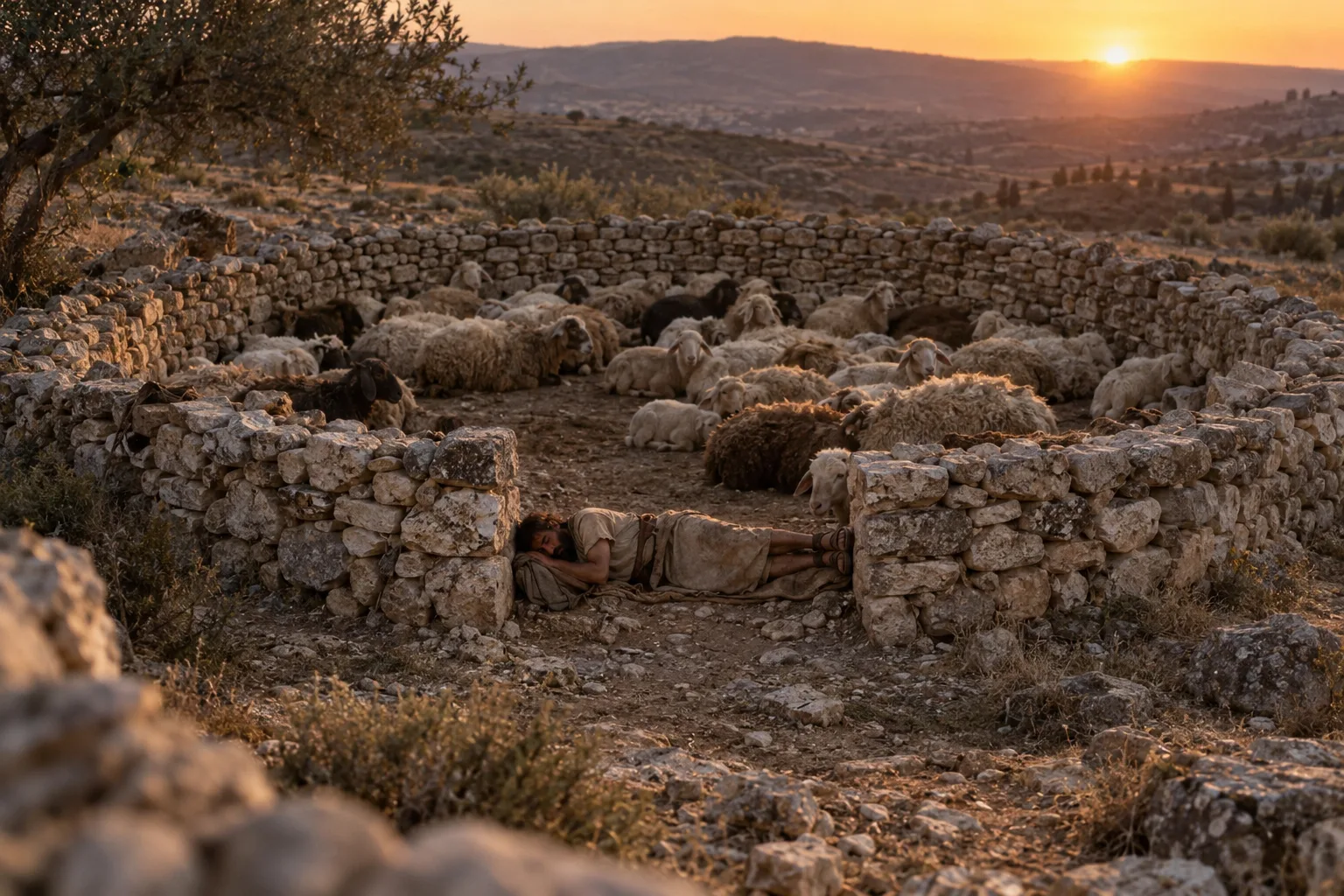 A shepherd lying across the single open doorway of a circular stone sheepfold at sunset, with his flock resting safely inside behind him