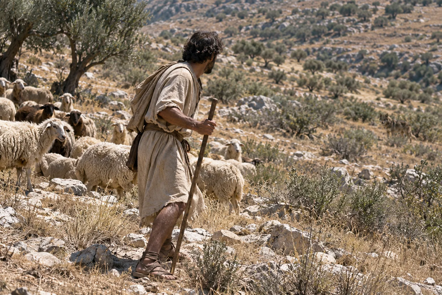 A shepherd standing watchfully with his staff among his flock on a dry hillside at midday, a wolf visible in the distance among the scrub brush