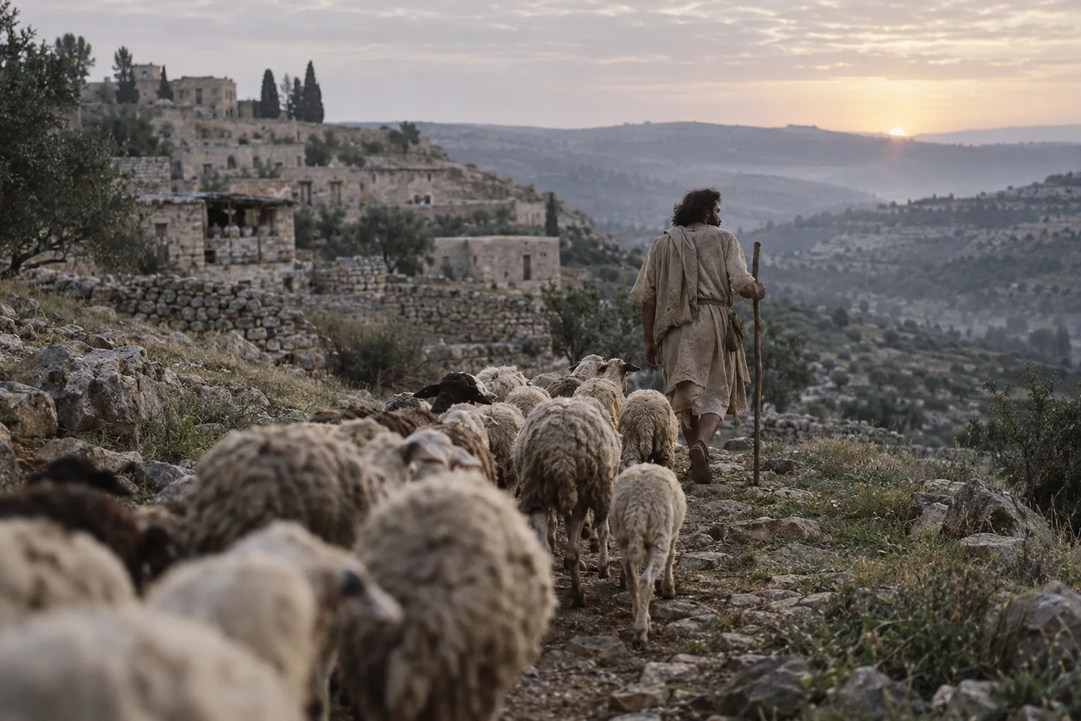 A shepherd walking ahead of his flock of sheep down a stone hillside path at sunrise, leading them away from a village toward open hills