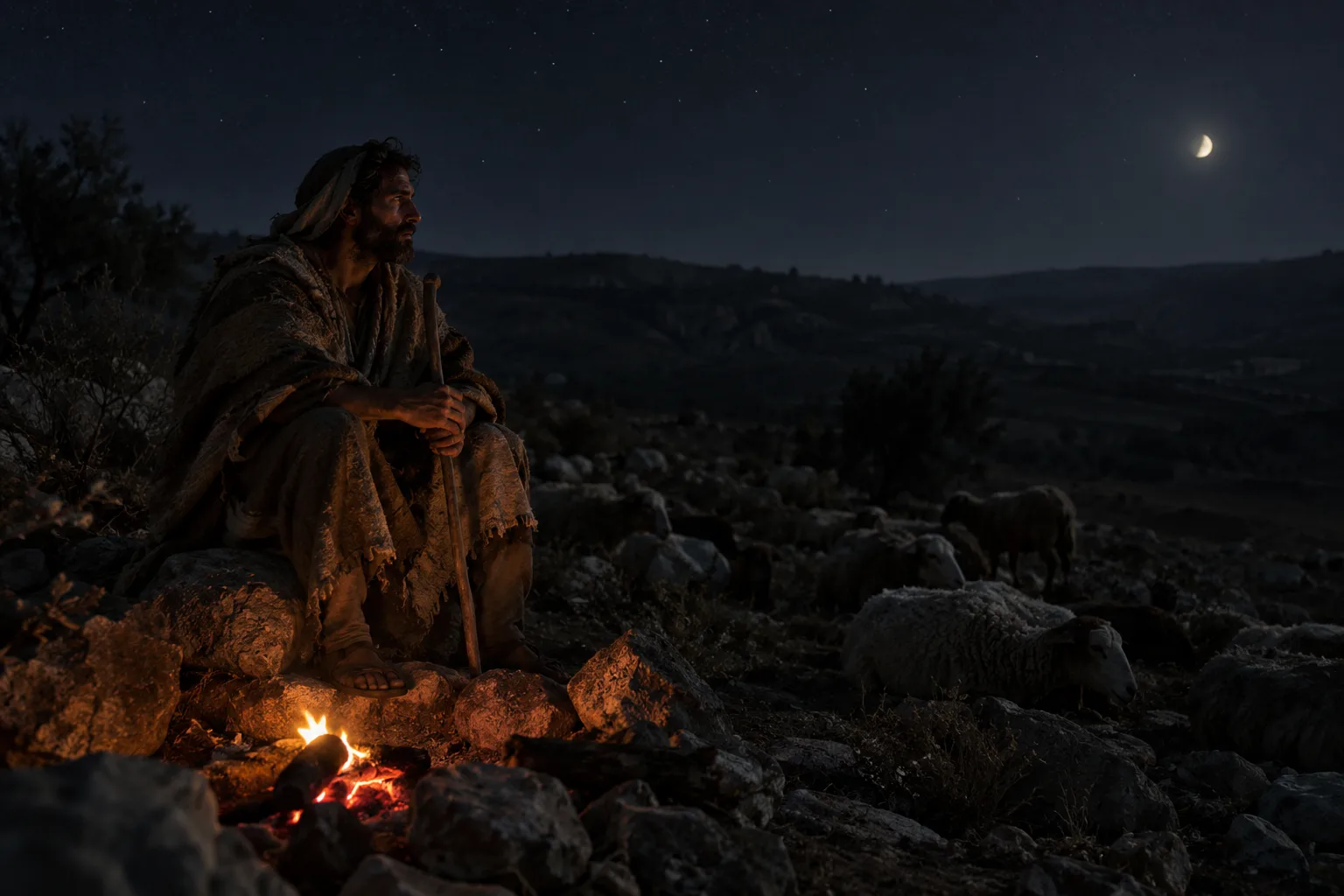 A shepherd sitting awake and alert by a small fire on a dark hillside at night, staff in hand, his flock resting nearby under a crescent moon and stars