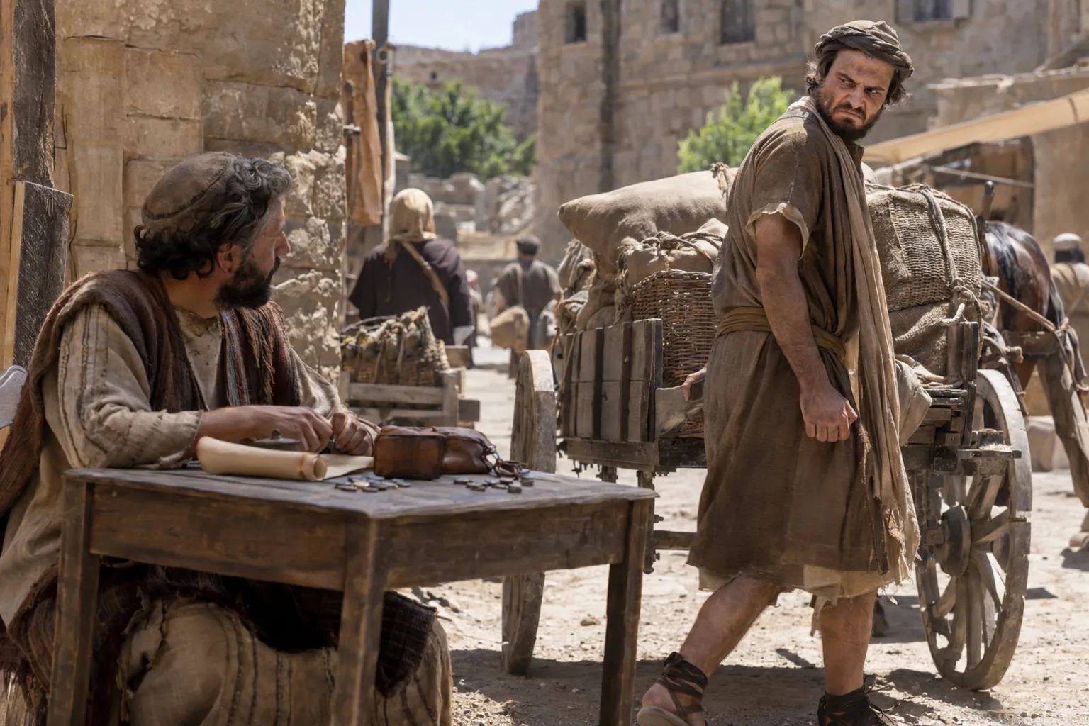 A tax collector seated at a wooden table beside a roadside, coins and a ledger before him, a merchant with a loaded cart glaring at him in contempt as he passes