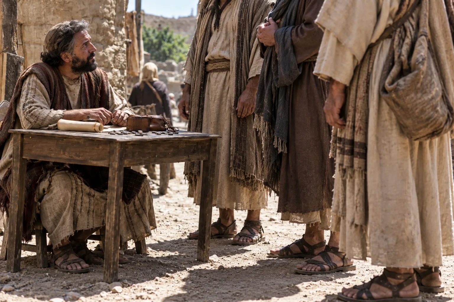 A tax collector seated at his roadside table looks up at a group of travelers who have stopped in front of him, coins and a scroll still on the table, mid-transaction