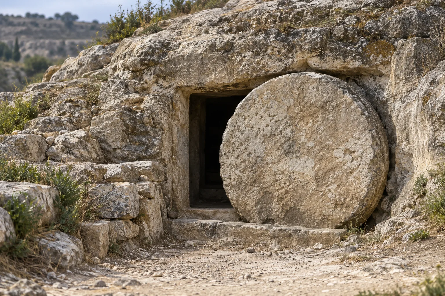 The entrance to a first-century rock-cut tomb in Judea, with a large round stone rolled into a carved channel partially sealing the dark doorway
