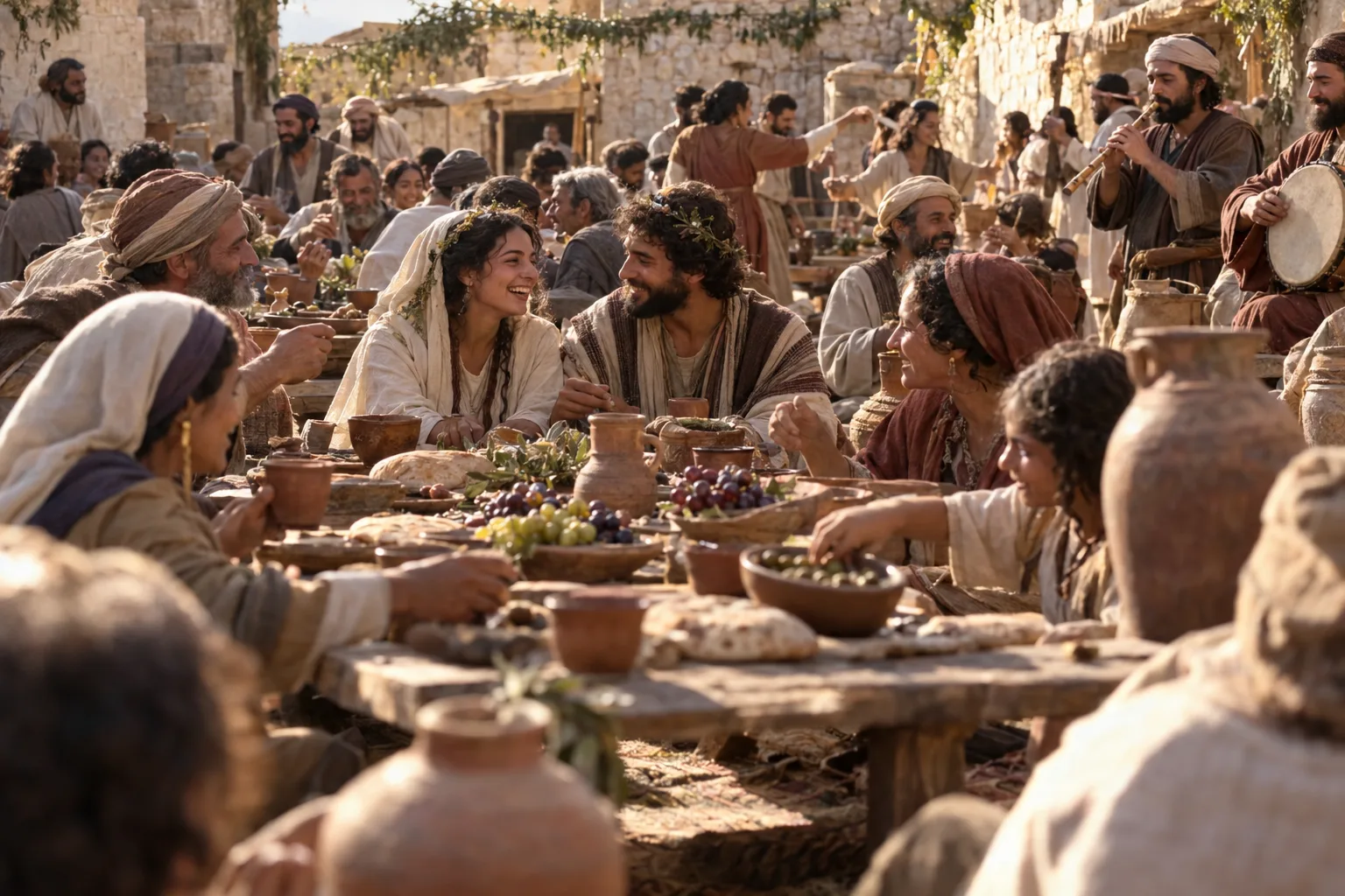 A crowded first-century village wedding feast with a bride and groom at a long table surrounded by guests, food, wine jars, and musicians playing flute and tambourine