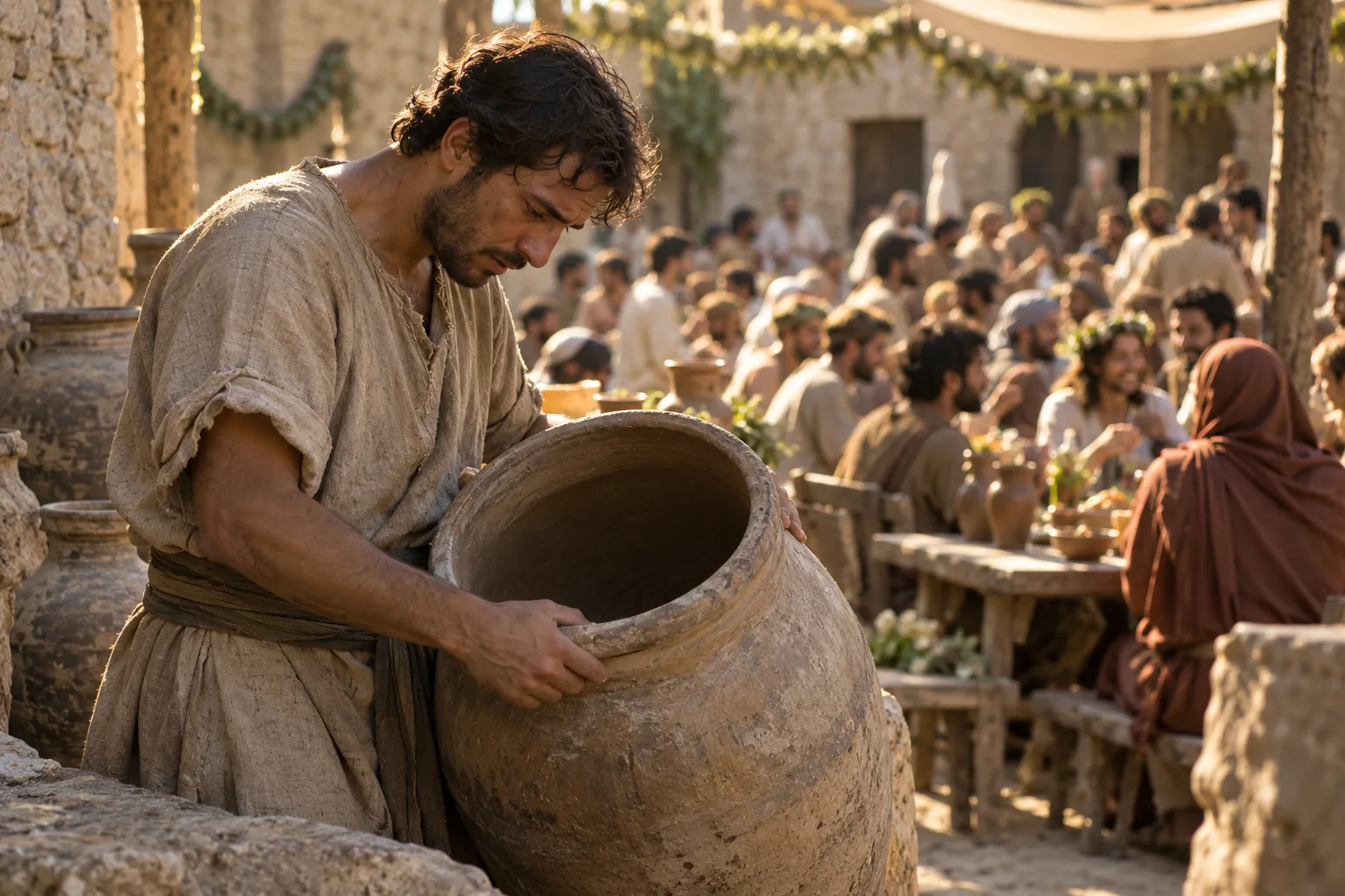 A servant looking down into a large empty clay jar with a troubled expression, the crowded wedding feast blurred in the background