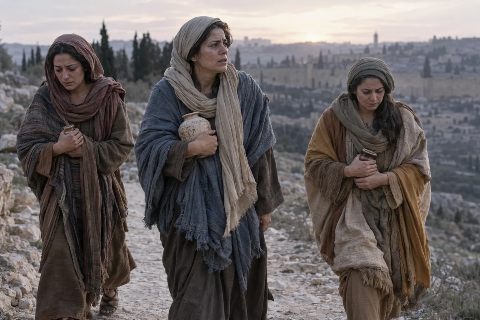 Three women in first-century Jewish clothing walking a rocky path outside Jerusalem at dawn, each carrying a small spice jar, the city visible in the distance under a sunrise sky