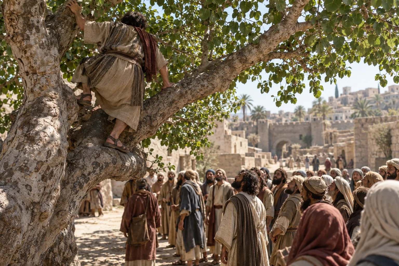 Zacchaeus climbing into the branches of a sycamore-fig tree to see over a crowd gathered on a dusty road in Jericho